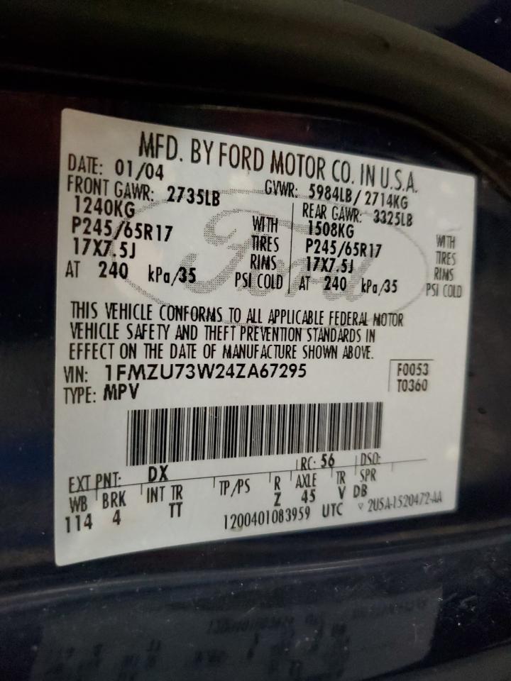 2004 Ford Explorer Xlt VIN: 1FMZU73W24ZA67295 Lot: 82449255