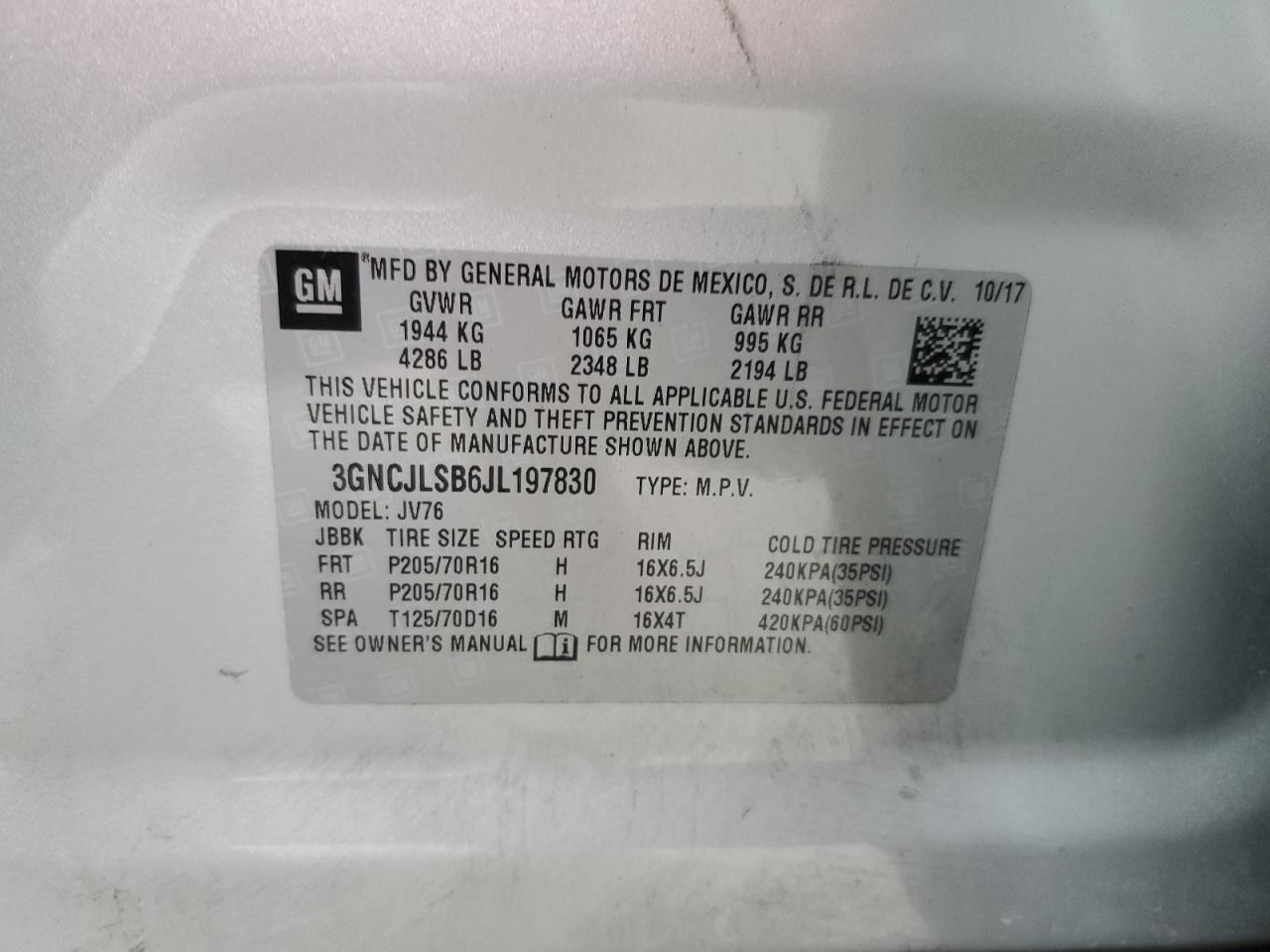 2018 Chevrolet Trax 1Lt VIN: 3GNCJLSB6JL197830 Lot: 90899135