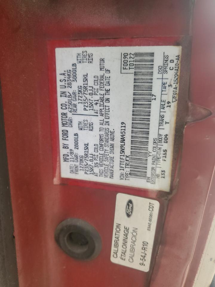 1990 Ford F150 VIN: 1FTEF15N9LNA45119 Lot: 84592895