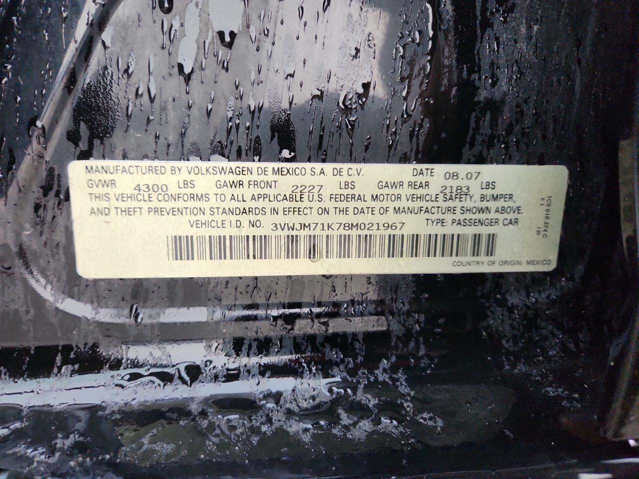 2008 Volkswagen Jetta S VIN: 3VWJM71K78M021967 Lot: 90331245