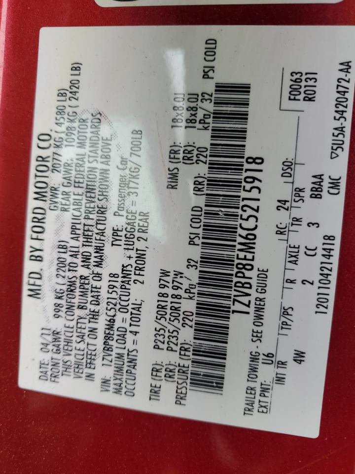 2012 Ford Mustang VIN: 1ZVBP8EM6C5215918 Lot: 89726845