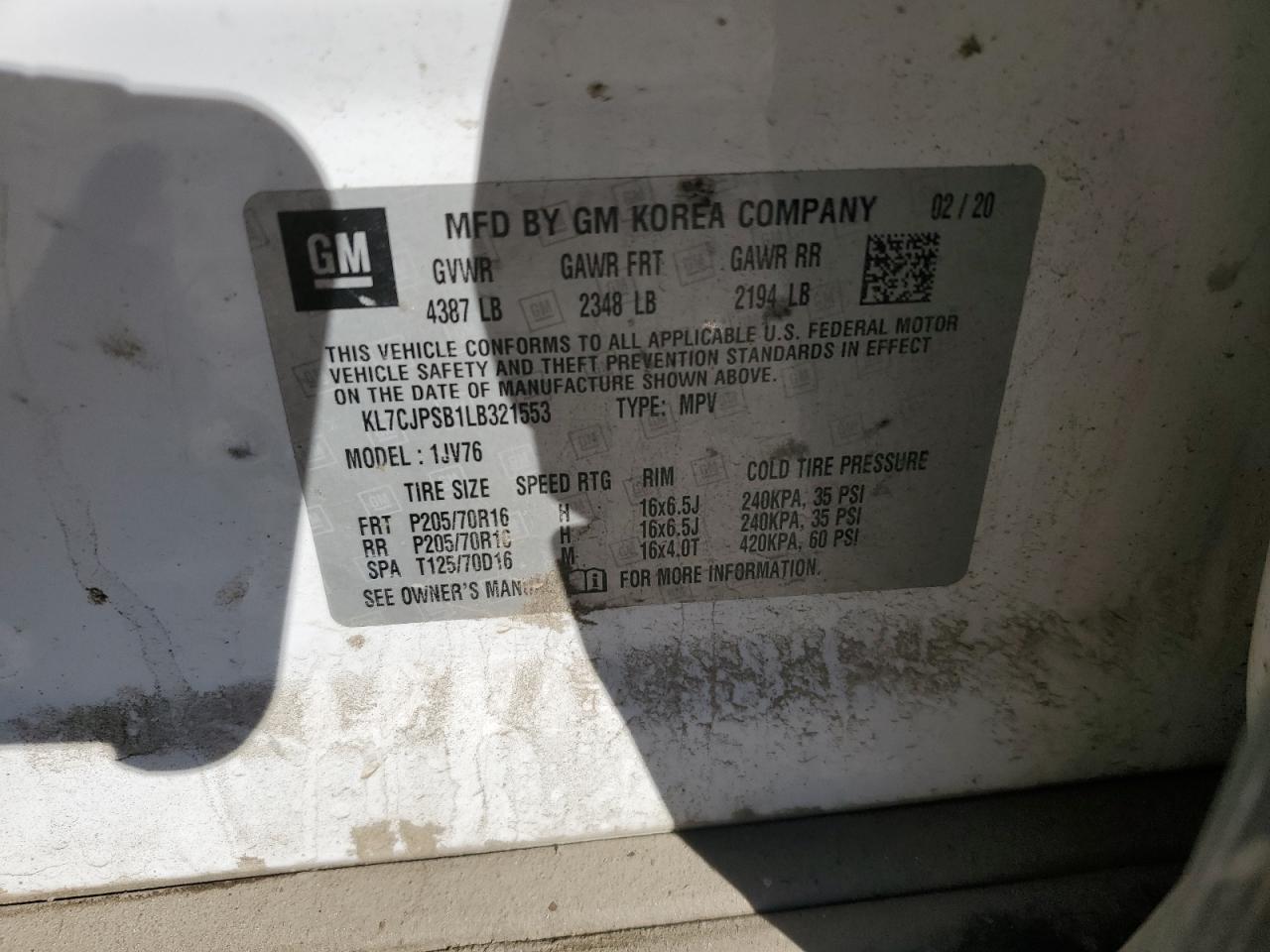 2020 Chevrolet Trax 1Lt VIN: KL7CJPSB1LB321553 Lot: 82403495