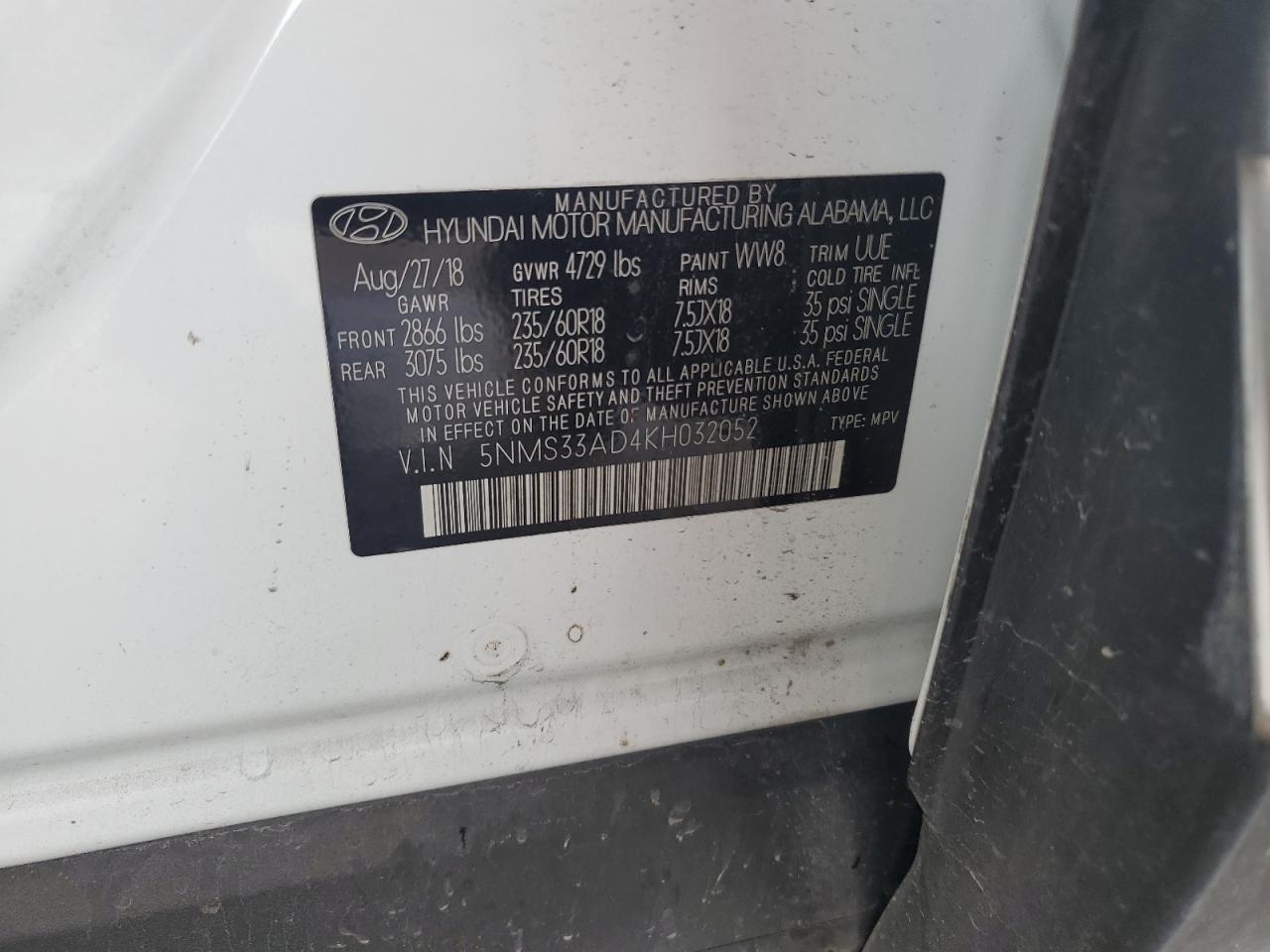 2019 Hyundai Santa Fe Sel VIN: 5NMS33AD4KH032052 Lot: 84892325