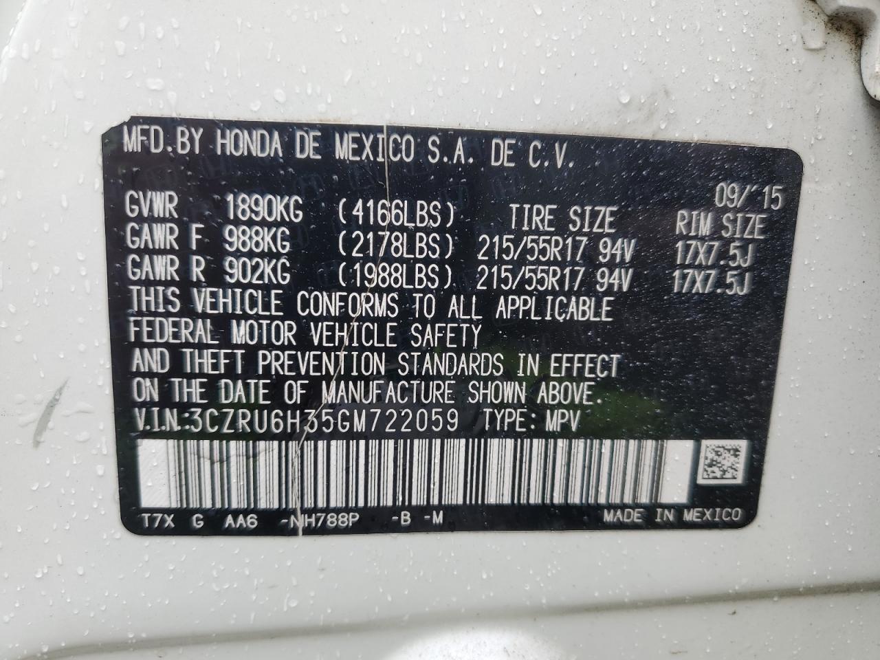 2016 Honda Hr-V Lx VIN: 3CZRU6H35GM722059 Lot: 86275495