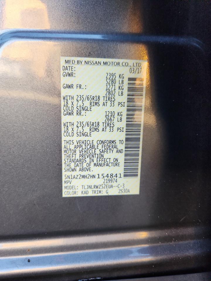 2017 Nissan Murano S VIN: 5N1AZ2MH2HN154841 Lot: 85268115