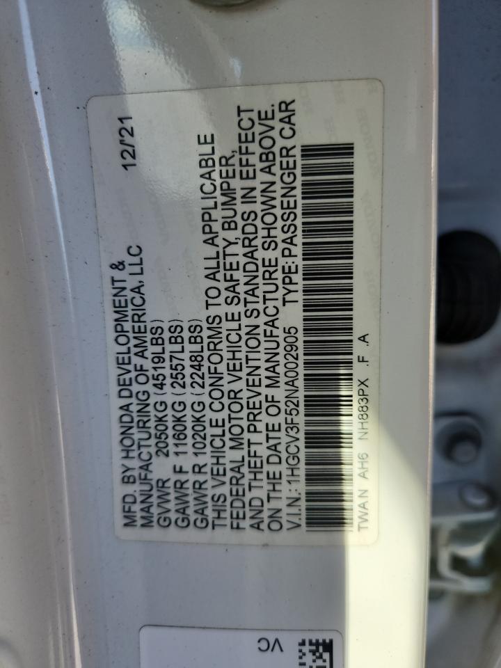 2022 Honda Accord Hybrid Exl VIN: 1HGCV3F52NA002905 Lot: 86303485