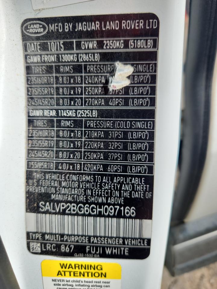 2016 Land Rover Range Rover Evoque Se VIN: SALVP2BG6GH097166 Lot: 86601585