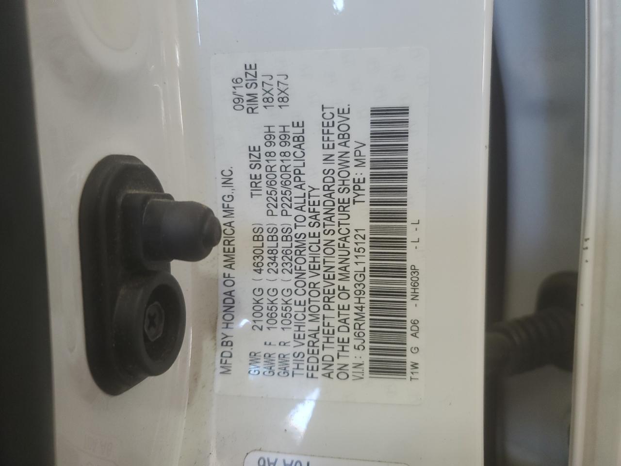 2016 Honda Cr-V Touring VIN: 5J6RM4H93GL115121 Lot: 84923355