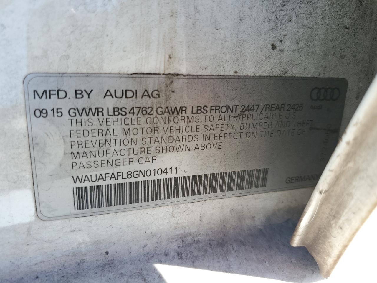 2016 Audi A4 Premium S-Line VIN: WAUAFAFL8GN010411 Lot: 87283695