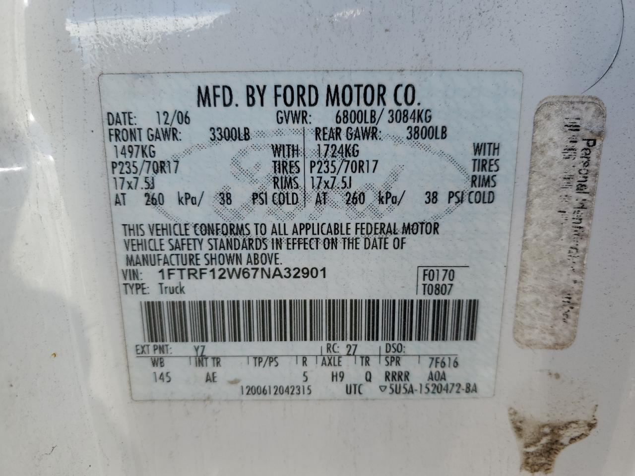 2007 Ford F150 VIN: 1FTRF12W67NA32901 Lot: 85830885