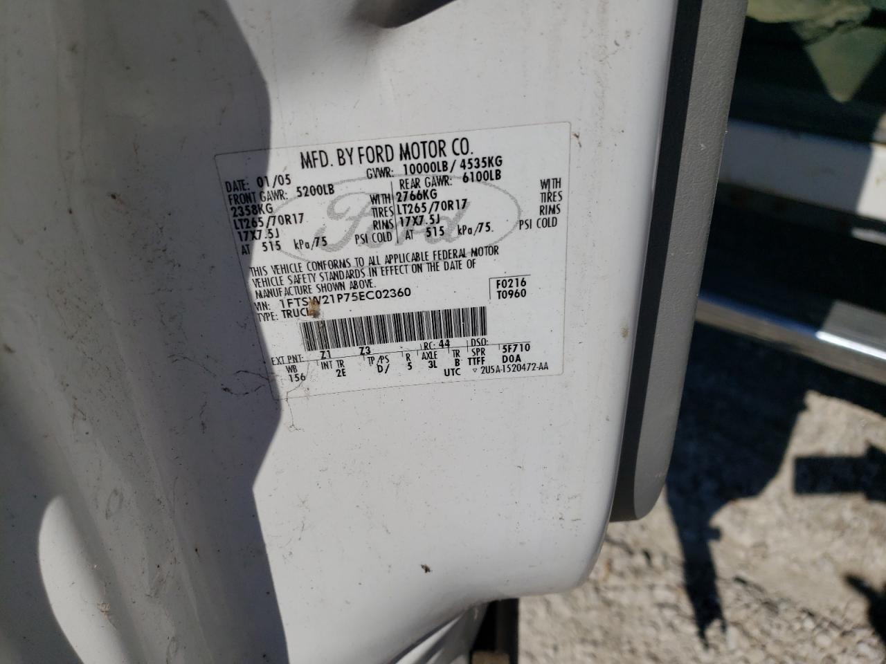 2005 Ford F250 Super Duty VIN: 1FTSW21P75EC02360 Lot: 86994345