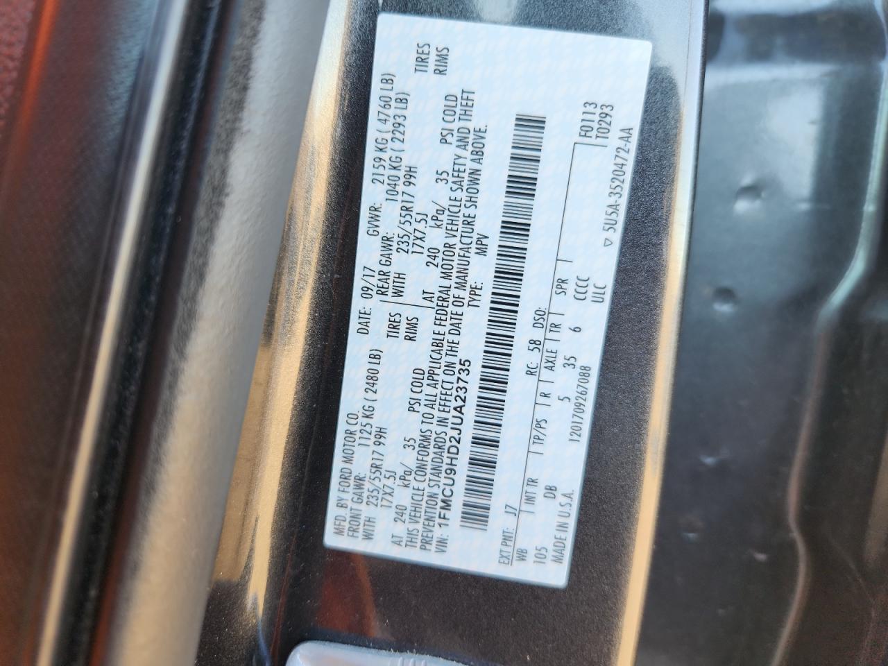 2018 Ford Escape Sel VIN: 1FMCU9HD2JUA23735 Lot: 86059235