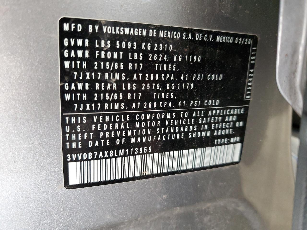 2020 Volkswagen Tiguan S VIN: 3VV0B7AX8LM113955 Lot: 84452755