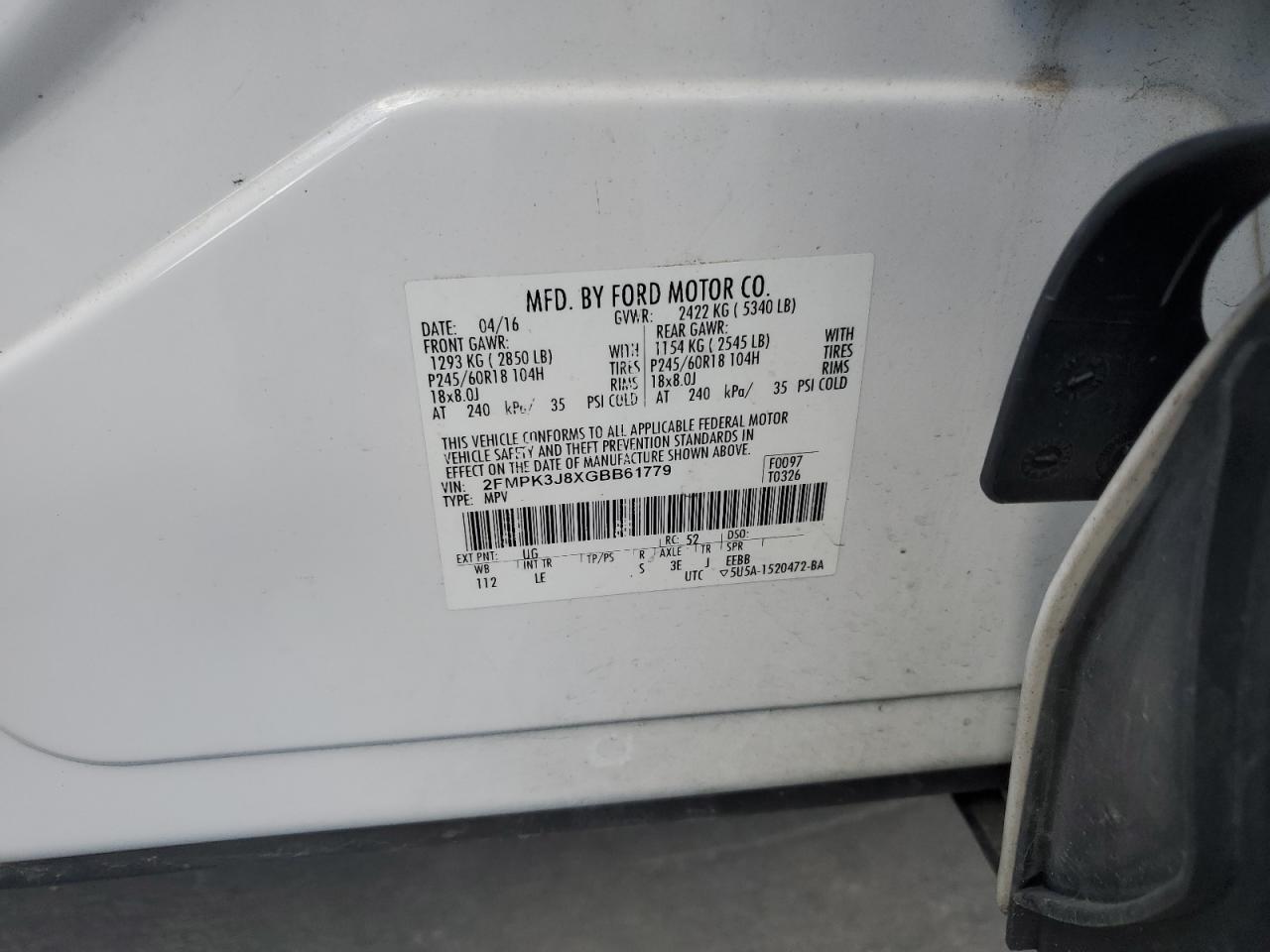 2016 Ford Edge Sel VIN: 2FMPK3J8XGBB61779 Lot: 89682625