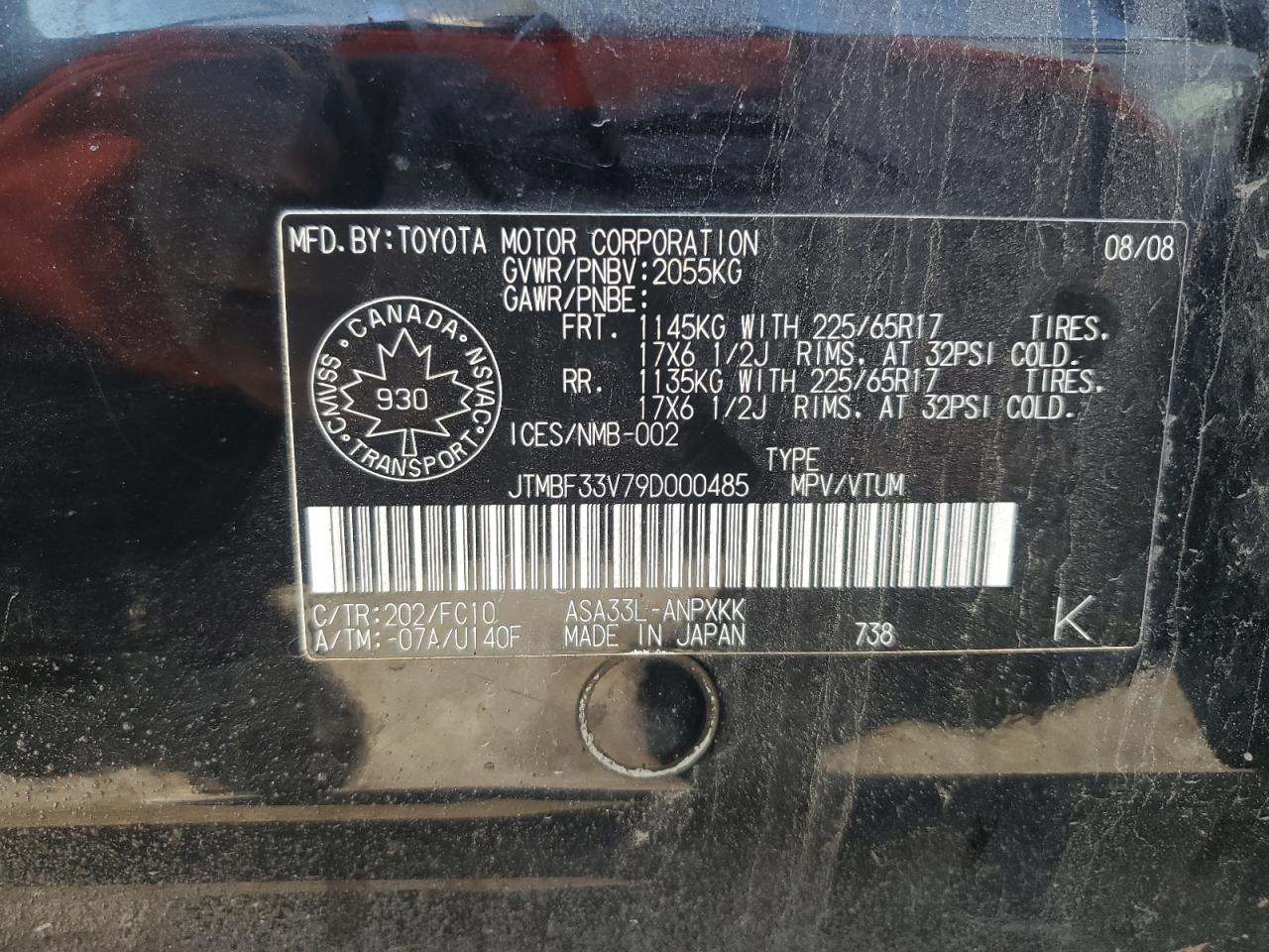 2009 Toyota Rav4 VIN: JTMBF33V79D000485 Lot: 89534805