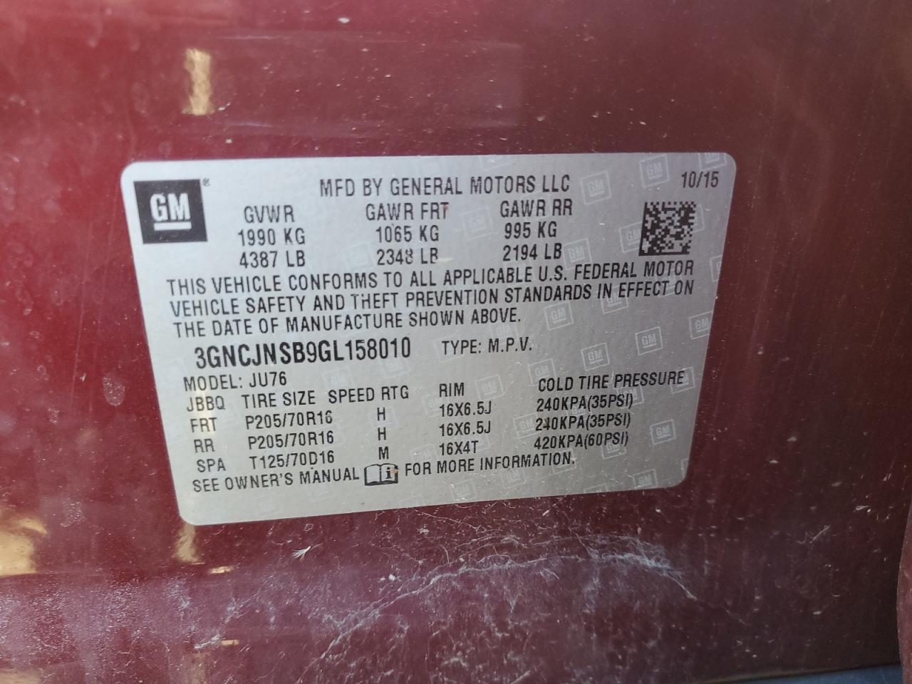 2016 Chevrolet Trax Ls VIN: 3GNCJNSB9GL158010 Lot: 86716615