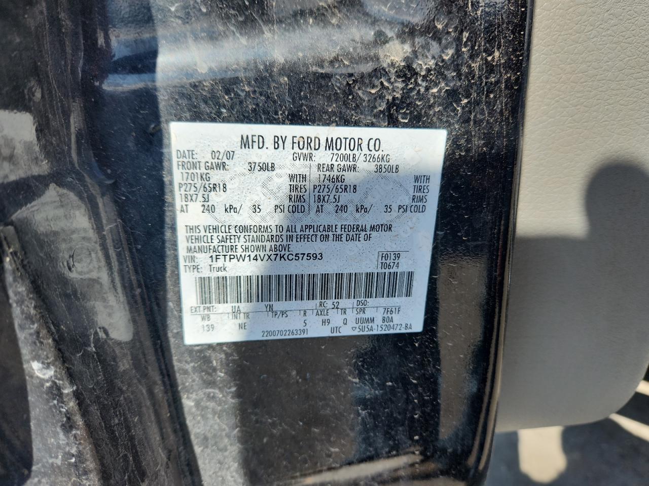 2007 Ford F150 Supercrew VIN: 1FTPW14VX7KC57593 Lot: 86213595
