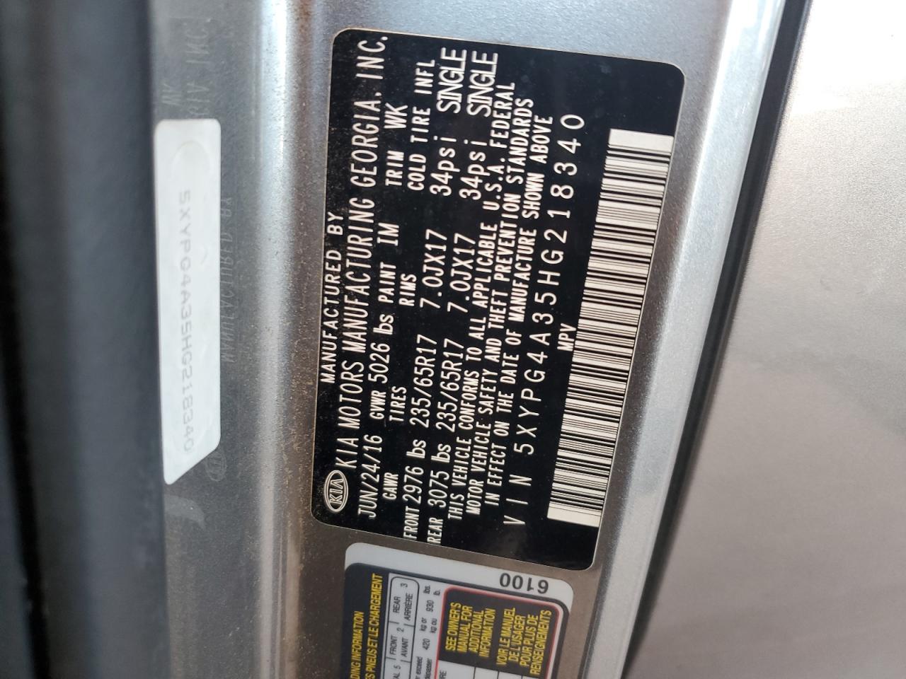 2017 Kia Sorento Lx VIN: 5XYPG4A35HG218340 Lot: 81975935