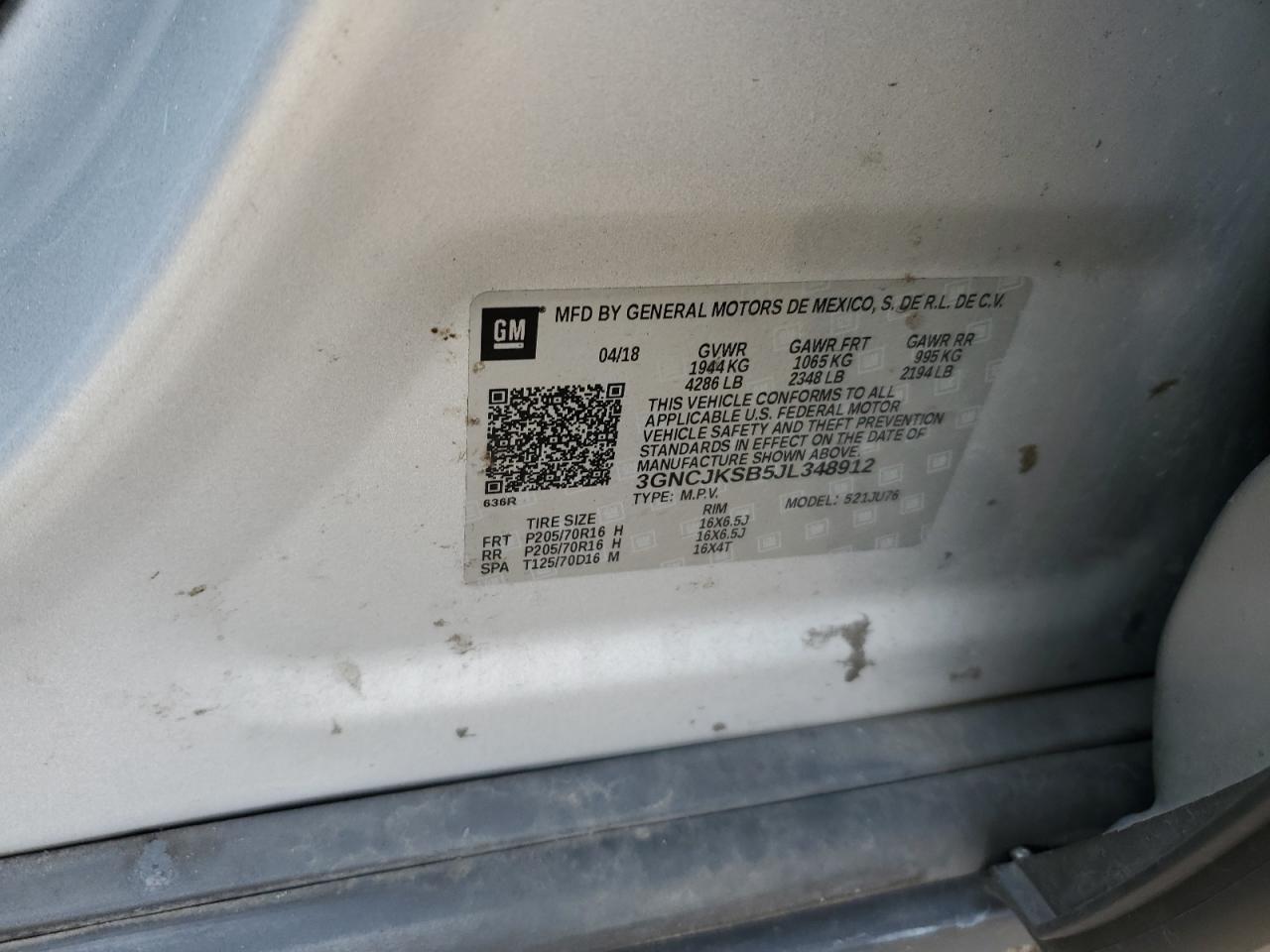 2018 Chevrolet Trax Ls VIN: 3GNCJKSB5JL348912 Lot: 90441055