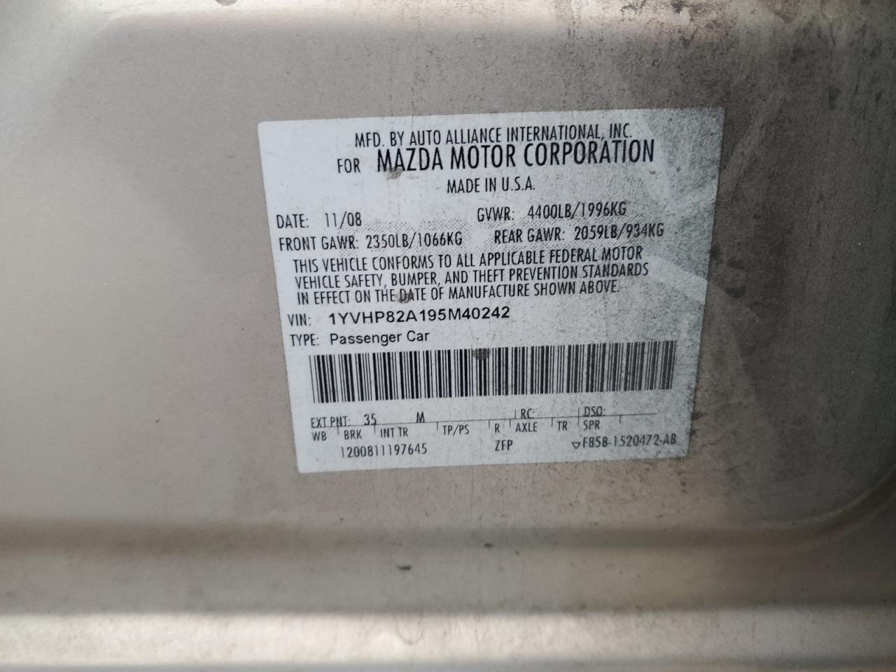 2009 Mazda 6 I VIN: 1YVHP82A195M40242 Lot: 90265385