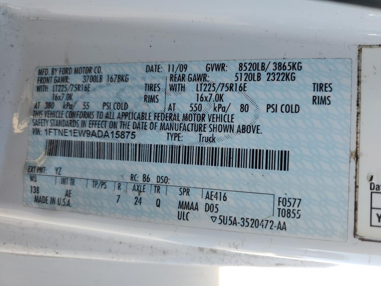 2010 Ford Econoline E150 Van VIN: 1FTNE1EW9ADA15875 Lot: 84650625