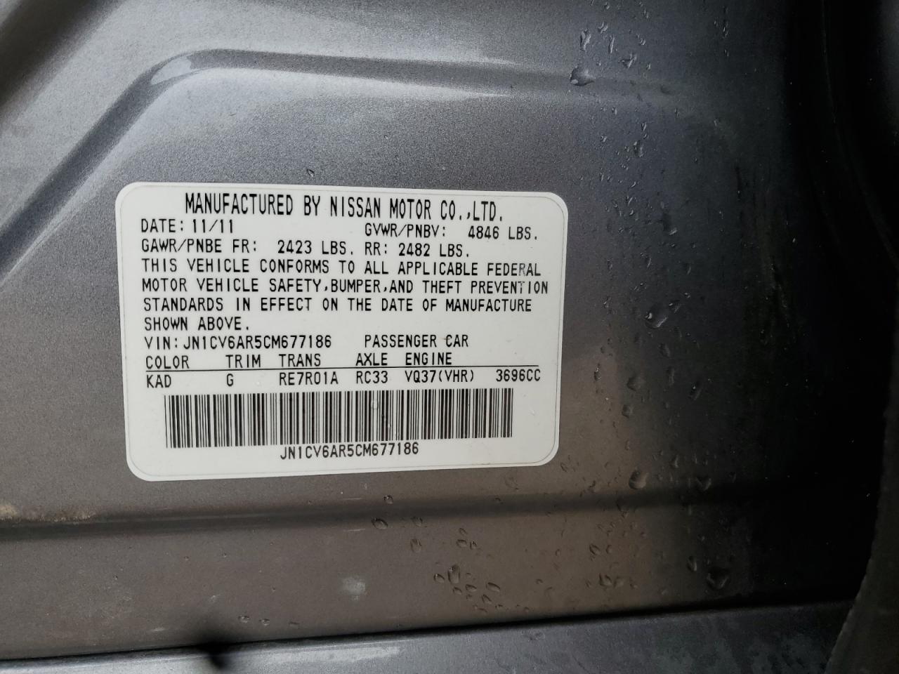 2012 Infiniti G37 VIN: JN1CV6AR5CM677186 Lot: 85369565