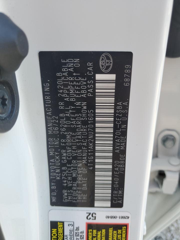 2022 Toyota Camry Se VIN: 4T1G11AK2NU701605 Lot: 82379875