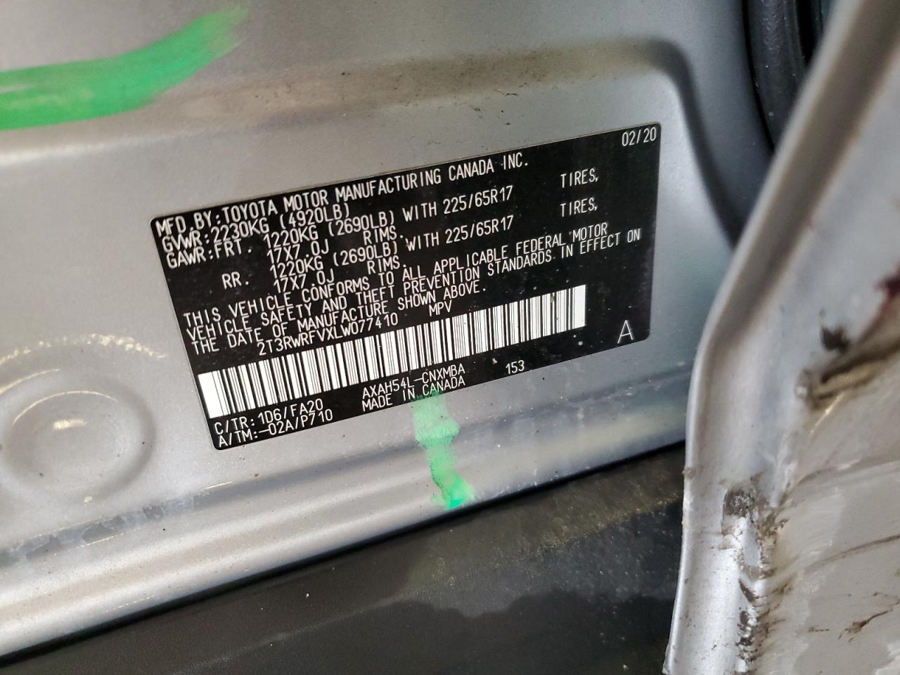 2020 Toyota Rav4 Xle VIN: 2T3RWRFVXLW077410 Lot: 89898675