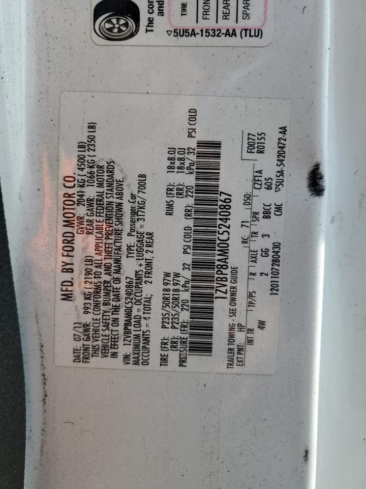 2012 Ford Mustang VIN: 1ZVBP8AM0C5240867 Lot: 87477695