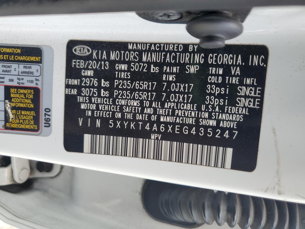 2014 Kia Sorento Lx VIN: 5XYKT4A6XEG435247 Lot: 82285945