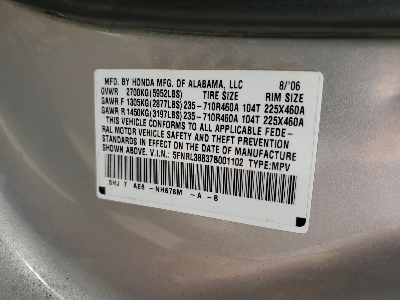 2007 Honda Odyssey Touring VIN: 5FNRL38837B001102 Lot: 86654745