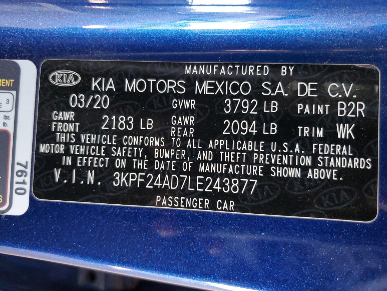 2020 Kia Forte Fe VIN: 3KPF24AD7LE243877 Lot: 86242105