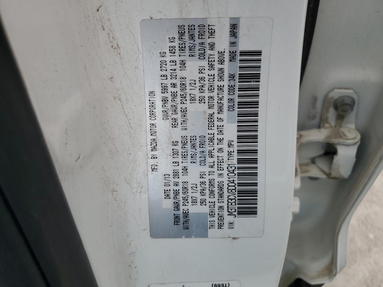 2013 Mazda Cx-9 Touring VIN: JM3TB3CV8D0410431 Lot: 85779405