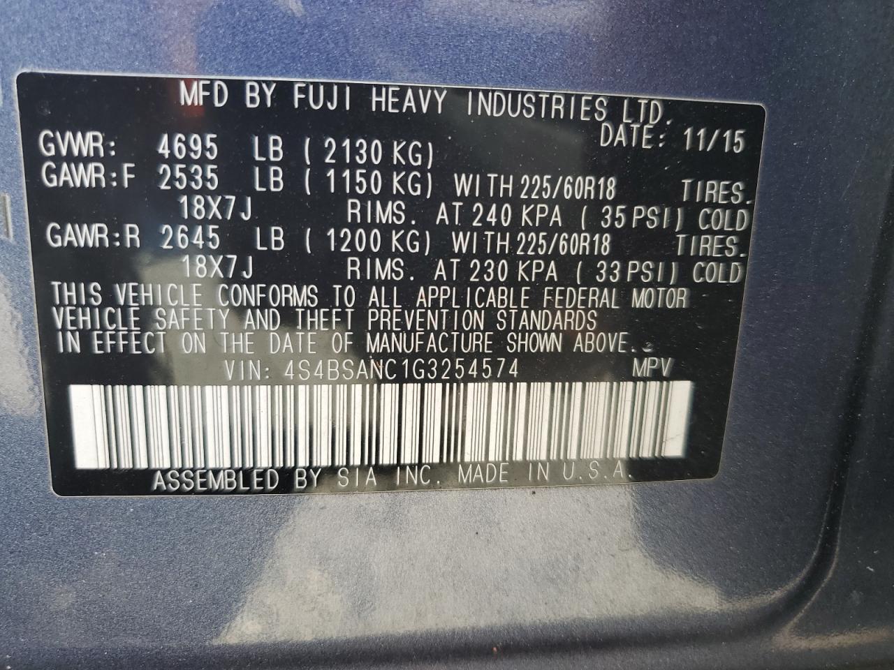 2016 Subaru Outback 2.5I Limited VIN: 4S4BSANC1G3254574 Lot: 82471045