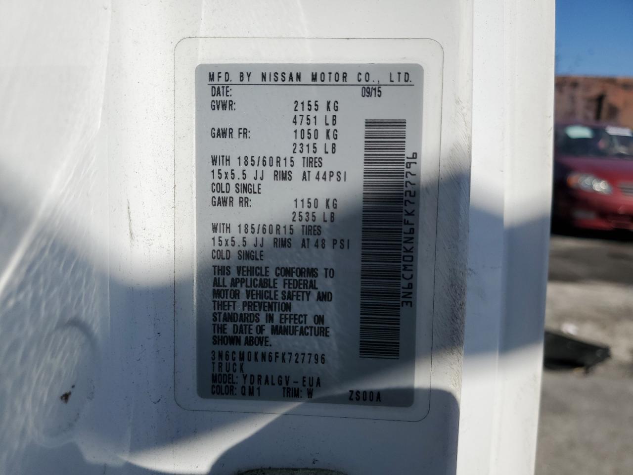 2015 Nissan Nv200 2.5S VIN: 3N6CM0KN6FK727796 Lot: 85170315