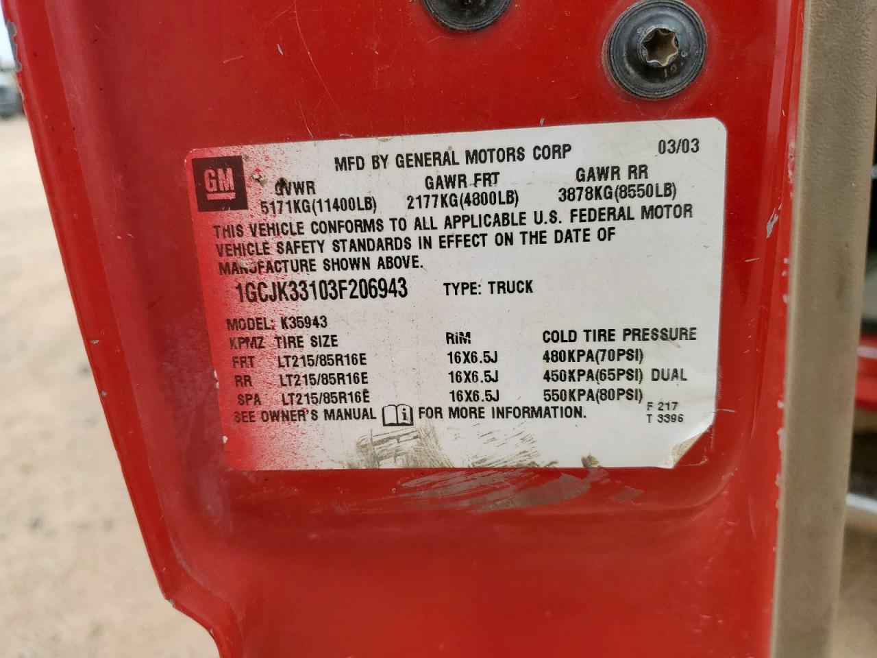 2003 Chevrolet Silverado K3500 VIN: 1GCJK33103F206943 Lot: 85527055