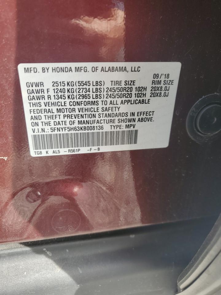 2019 Honda Pilot Touring VIN: 5FNYF5H63KB008136 Lot: 90043275