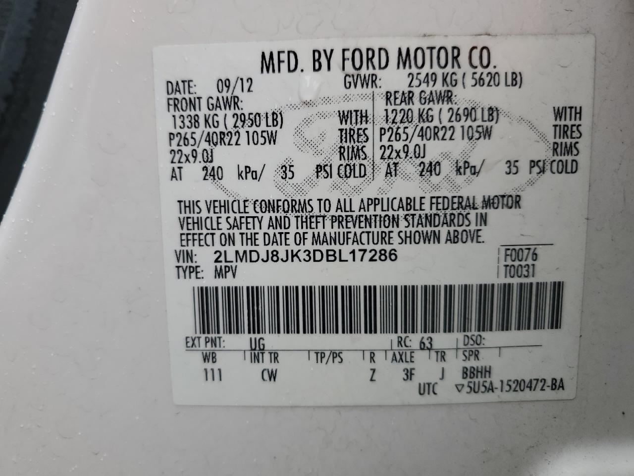 2013 Lincoln Mkx VIN: 2LMDJ8JK3DBL17286 Lot: 85553475