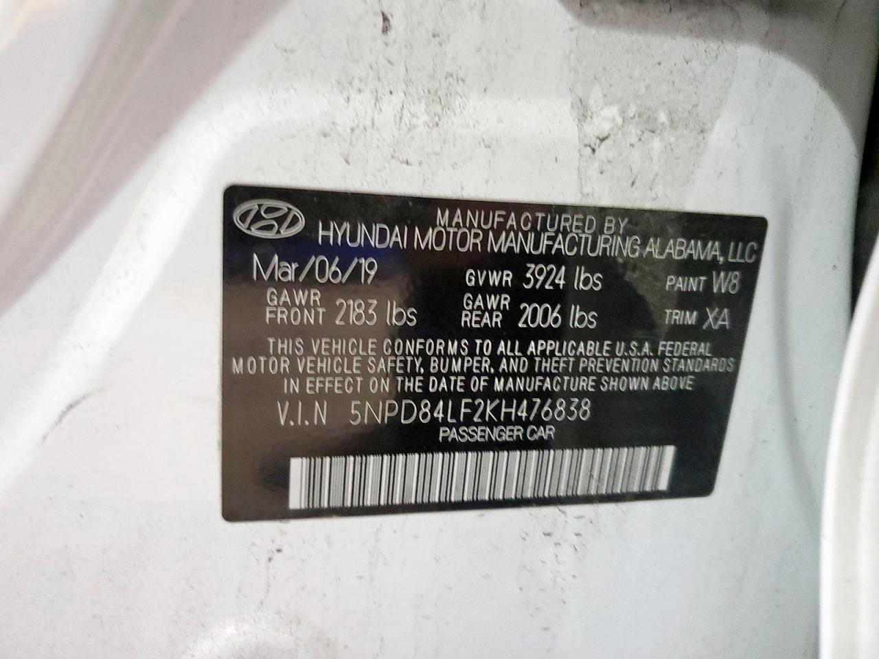 2019 Hyundai Elantra Sel VIN: 5NPD84LF2KH476838 Lot: 86284415