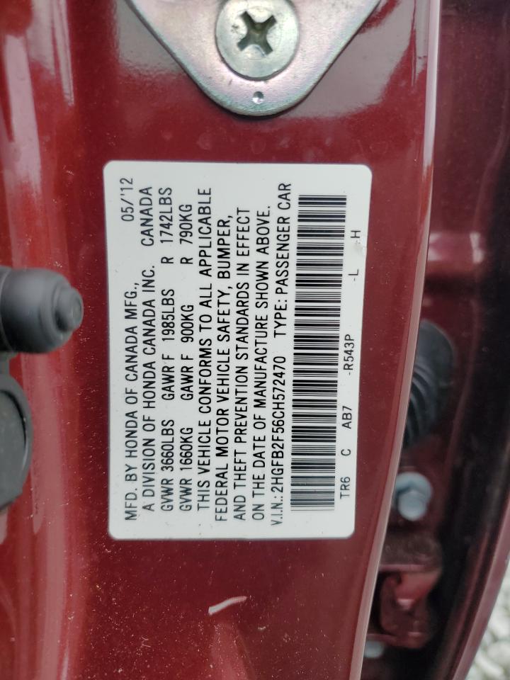 2012 Honda Civic Lx VIN: 2HGFB2F56CH572470 Lot: 86225405