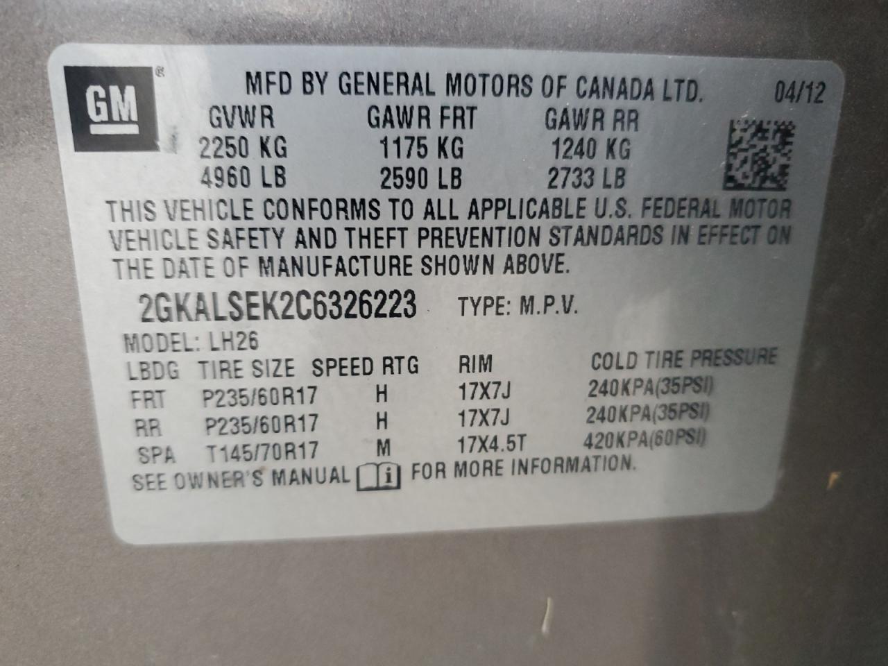 2012 GMC Terrain Sle VIN: 2GKALSEK2C6326223 Lot: 89643295