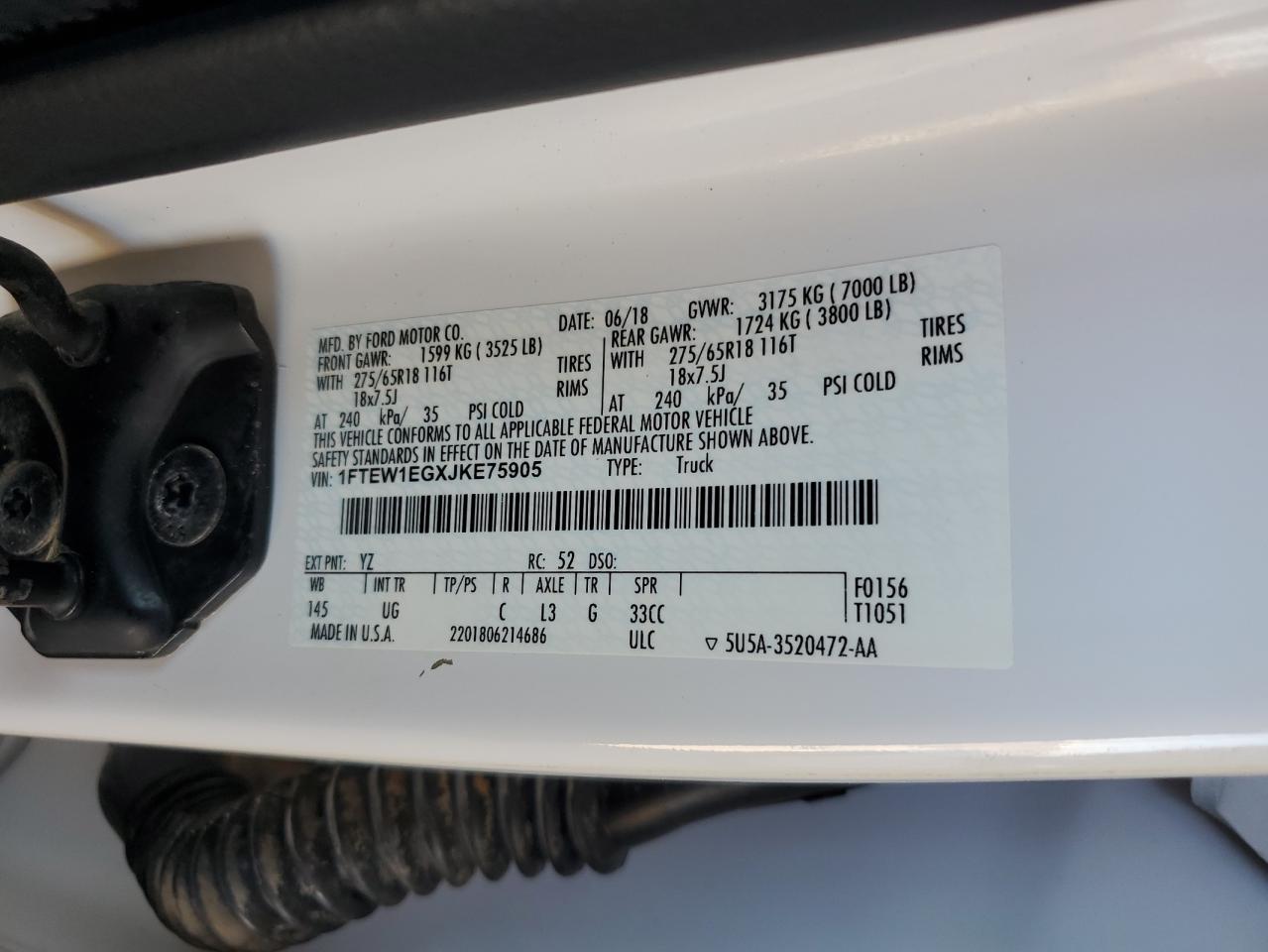 2018 Ford F150 Supercrew VIN: 1FTEW1EGXJKE75905 Lot: 89911635