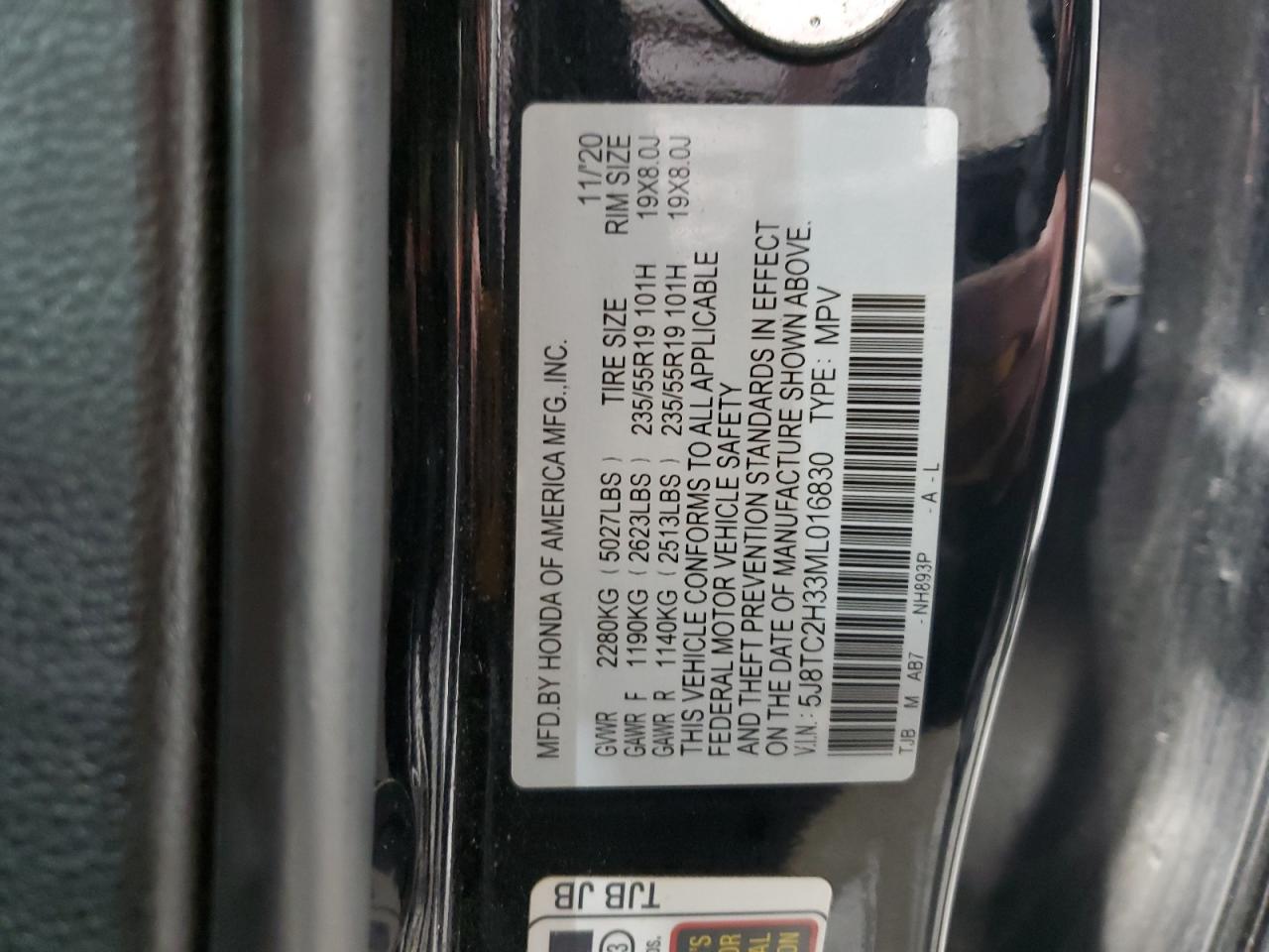 2021 Acura Rdx VIN: 5J8TC2H33ML016830 Lot: 87089415