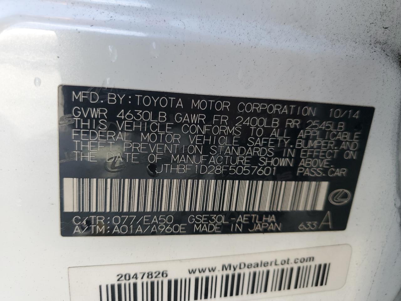 2015 Lexus Is 250 VIN: JTHBF1D28F5057601 Lot: 85782695