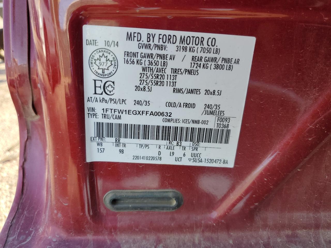 2015 Ford F150 Supercrew VIN: 1FTFW1EGXFFA00632 Lot: 80679415