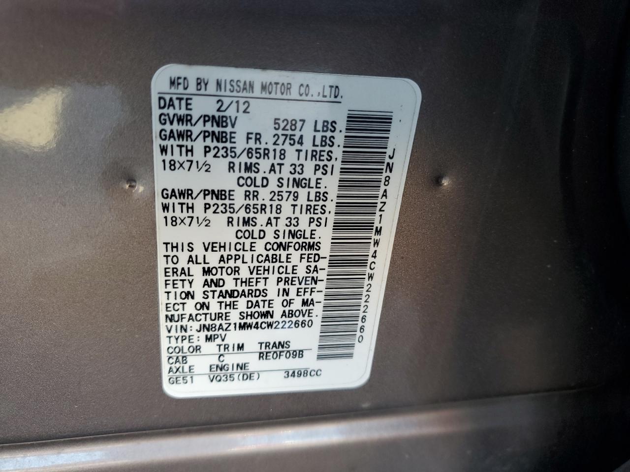 2012 Nissan Murano S VIN: JN8AZ1MW4CW222660 Lot: 85113825