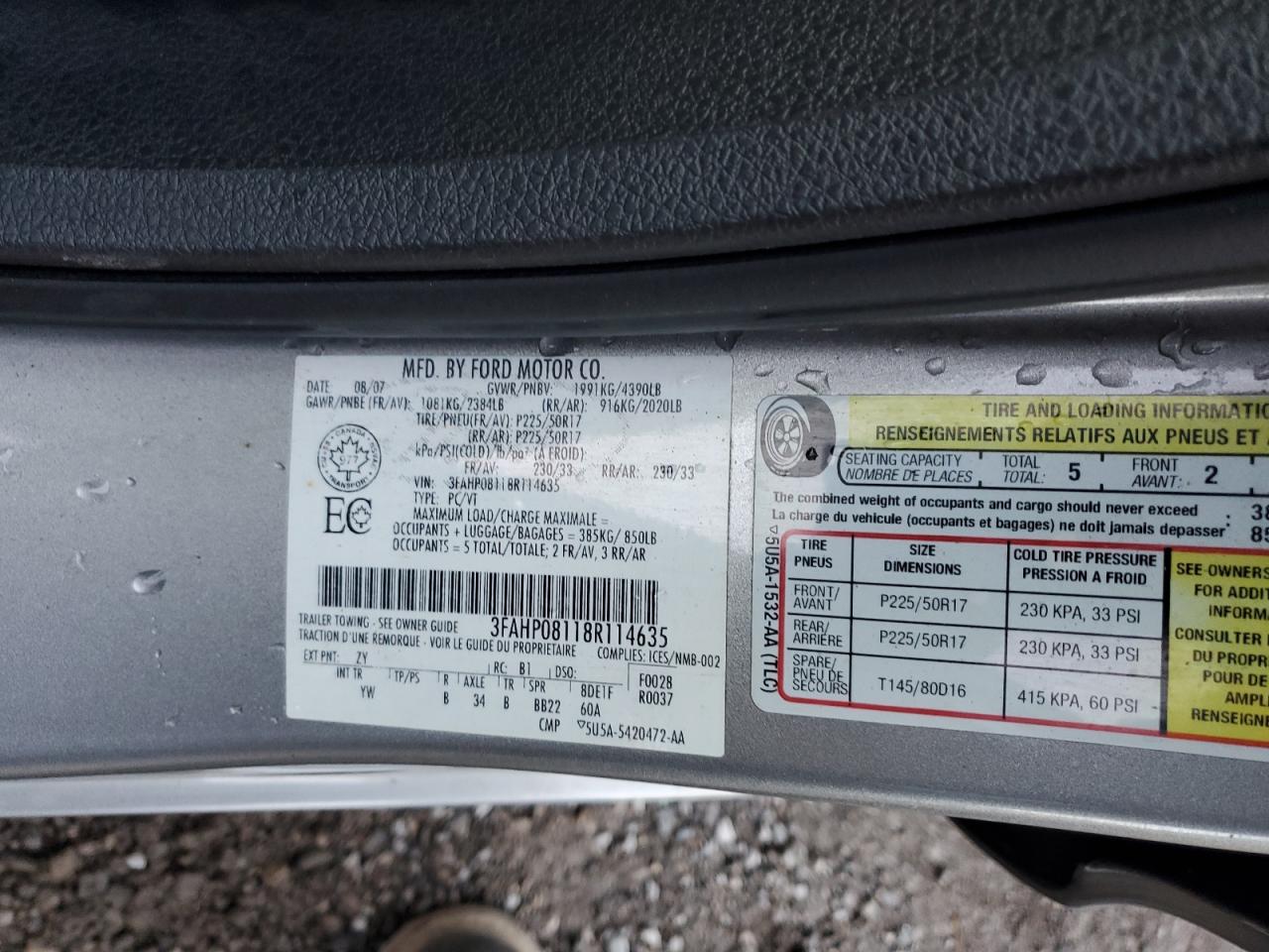 2008 Ford Fusion Sel VIN: 3FAHP08118R114635 Lot: 86790235