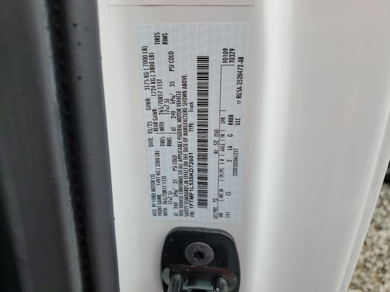 2025 Ford F150 Xl VIN: 1FTMF1L53SKD72601 Lot: 90525535