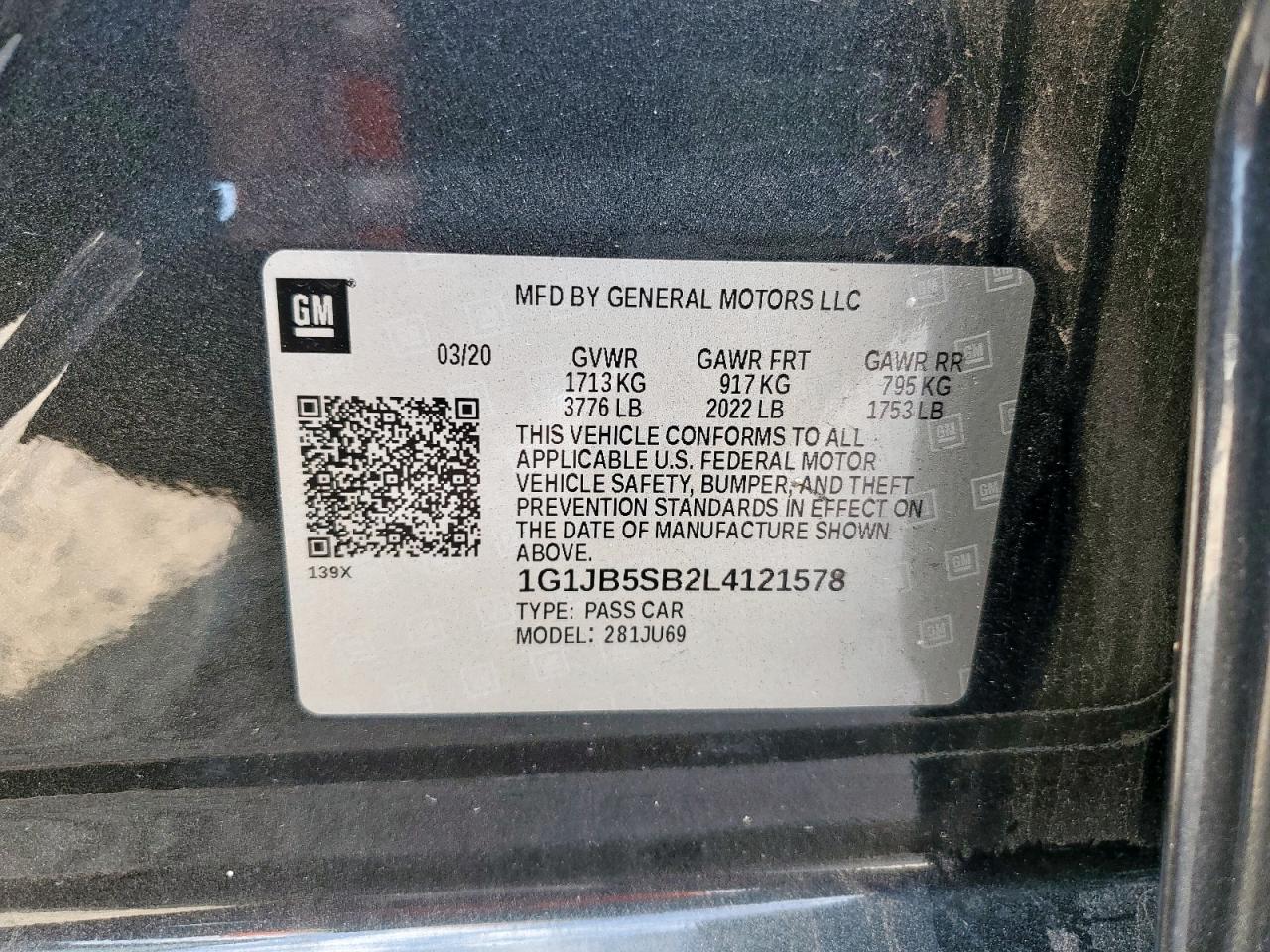 2020 Chevrolet Sonic Ls VIN: 1G1JB5SB2L4121578 Lot: 81923025