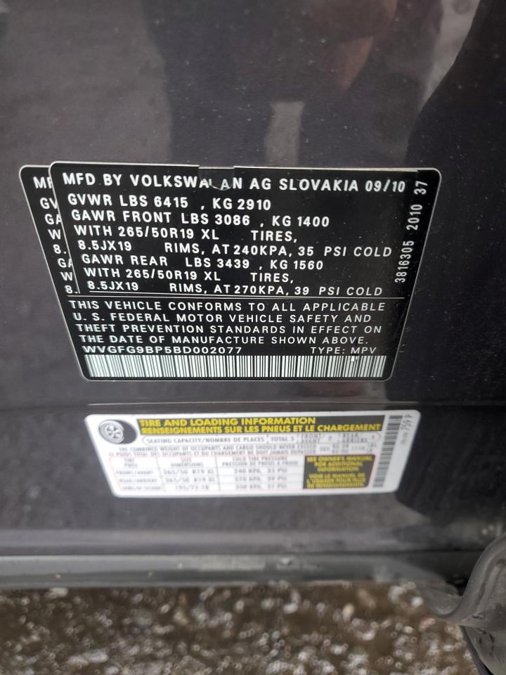 2011 Volkswagen Touareg Hybrid VIN: WVGFG9BP5BD002077 Lot: 86279755